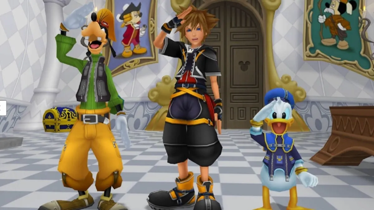 Sora, Donald Duck, and Goofy salute in a castle in “Kingdom Hearts 2” 
