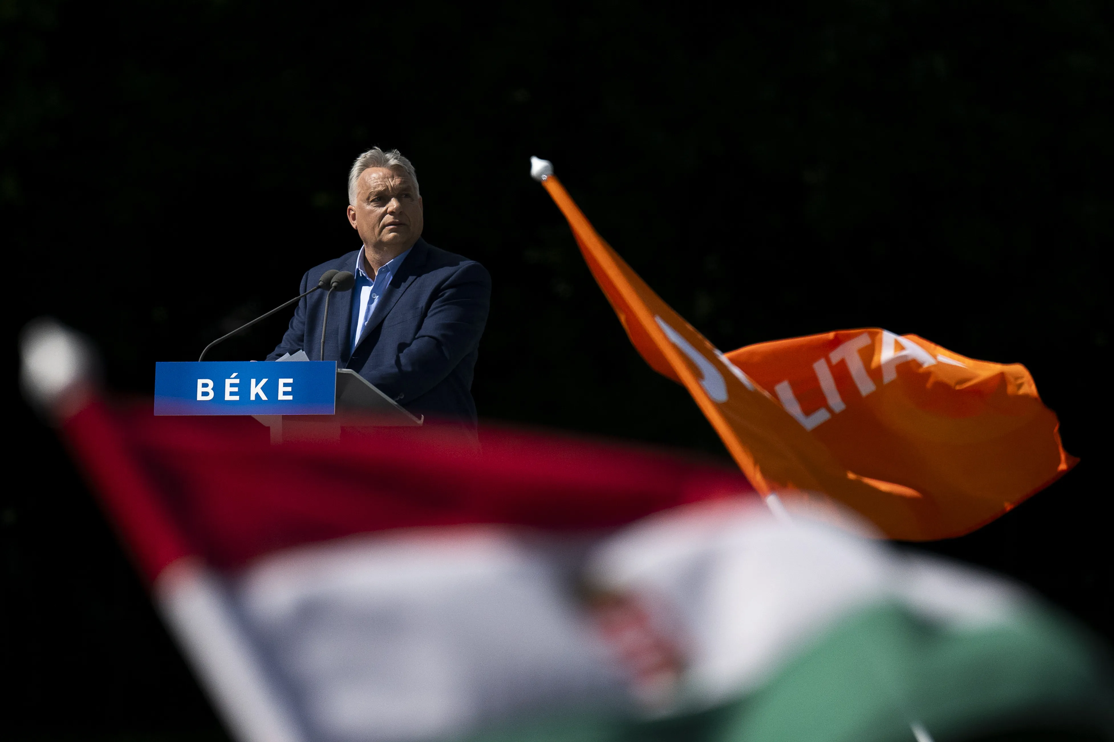 FILE - Hungary’s Prime Minister Viktor Orbán addresses people as they gather to support him and his party during a “peace march” in Budapest, Hungary, Saturday, June 1, 2024. As former U.S. President Donald Trump attacked the U.S. criminal justice system following his guilty verdict, analysts say that his allegations could be useful to Russian President Vladimir Putin and other autocrats like Orbán. (AP Photo/Denes Erdos, File)