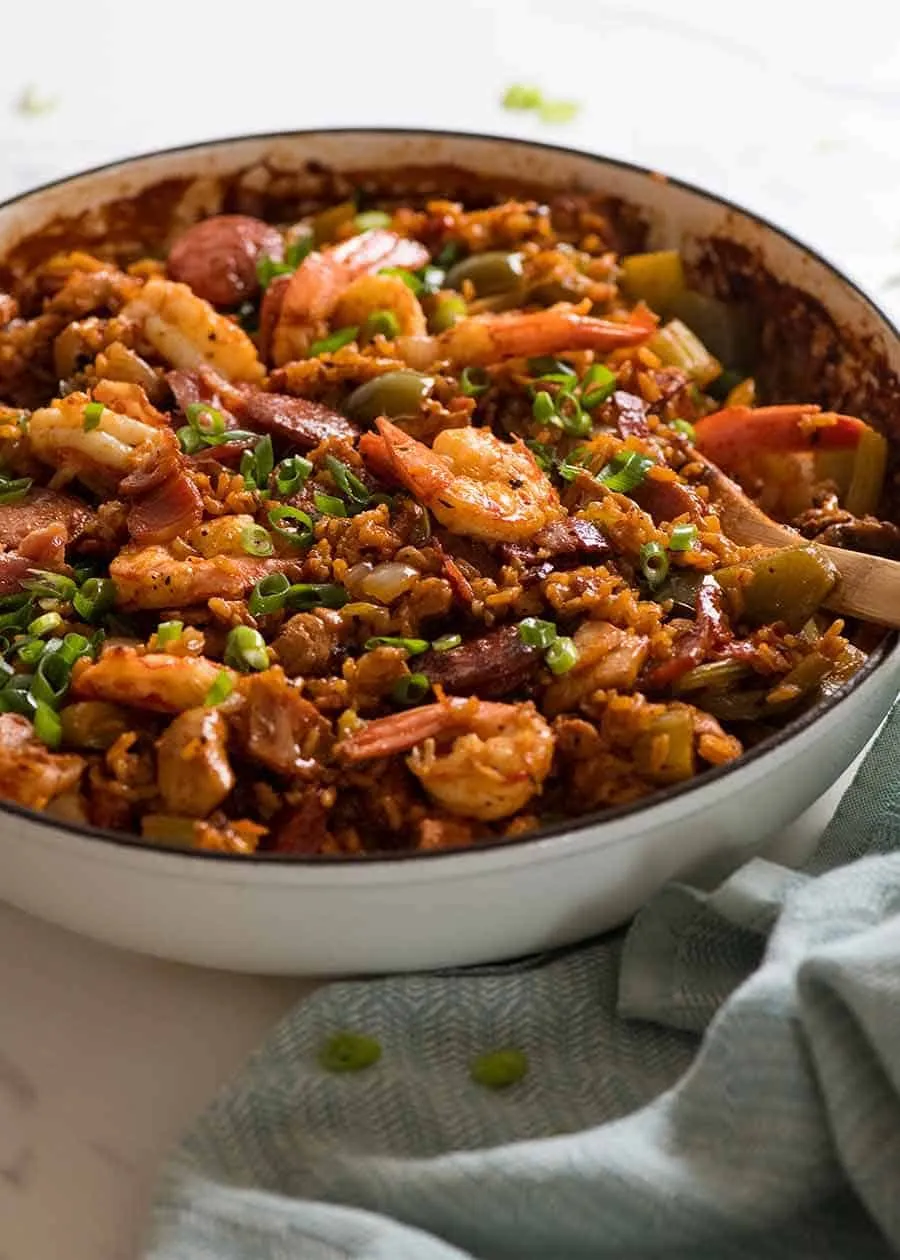 Jambalaya in a cast iron pot, ready to be served