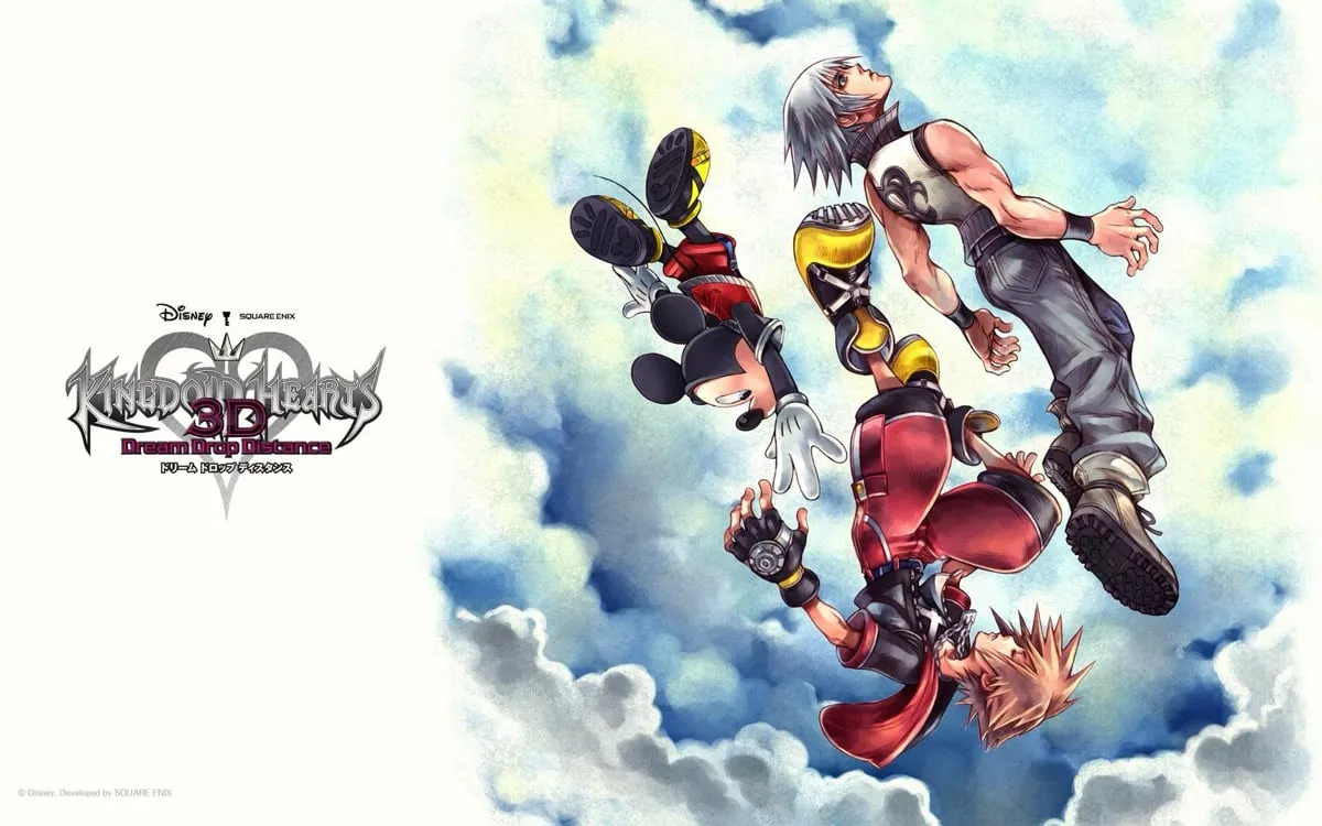 Sora and Riku fall through the sky in opposite directions in “Kingdom Hearts: Dream Drop Distance” 