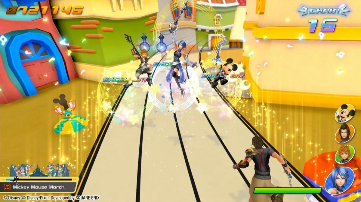 “Kingdom Hearts” characters dance on a music score road in “Melody of Memory” 