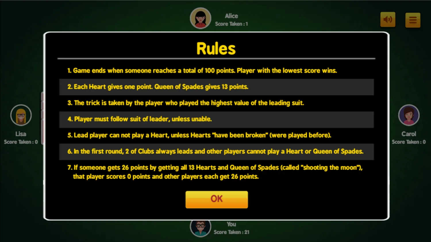 Hearts Card Game Rules Screen Screenshot.
