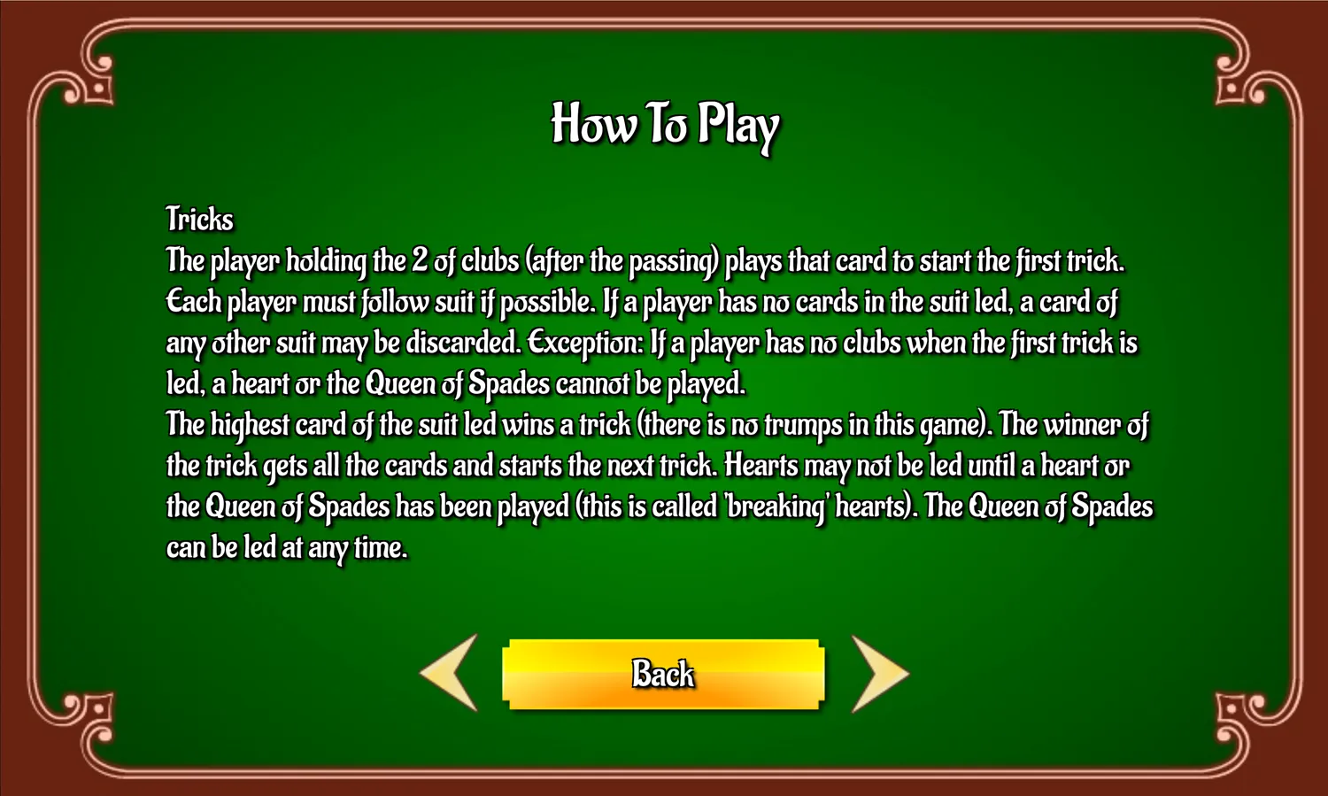 Hearts Card Game Tricks Instructions Screen Screenshot.