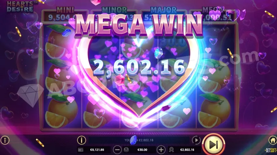 An image of the big win screen, with a big heart around the payout