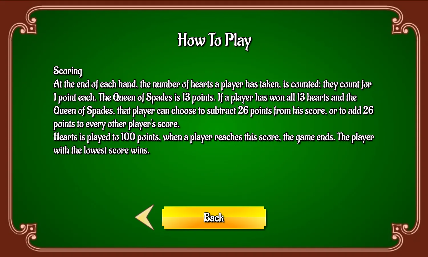 Hearts Card Game Scoring Instructions Screen Screenshot.