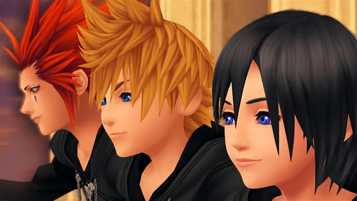 Two teen boys and a girl sit on a clocktower watching the sunset in “Kingdom Hearts 358/2 Days”