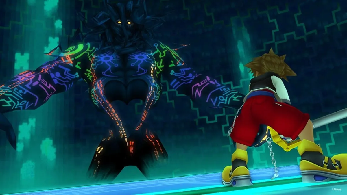 Sora fights a Heartless boss in “Kingdom Hearts Re: Coded”