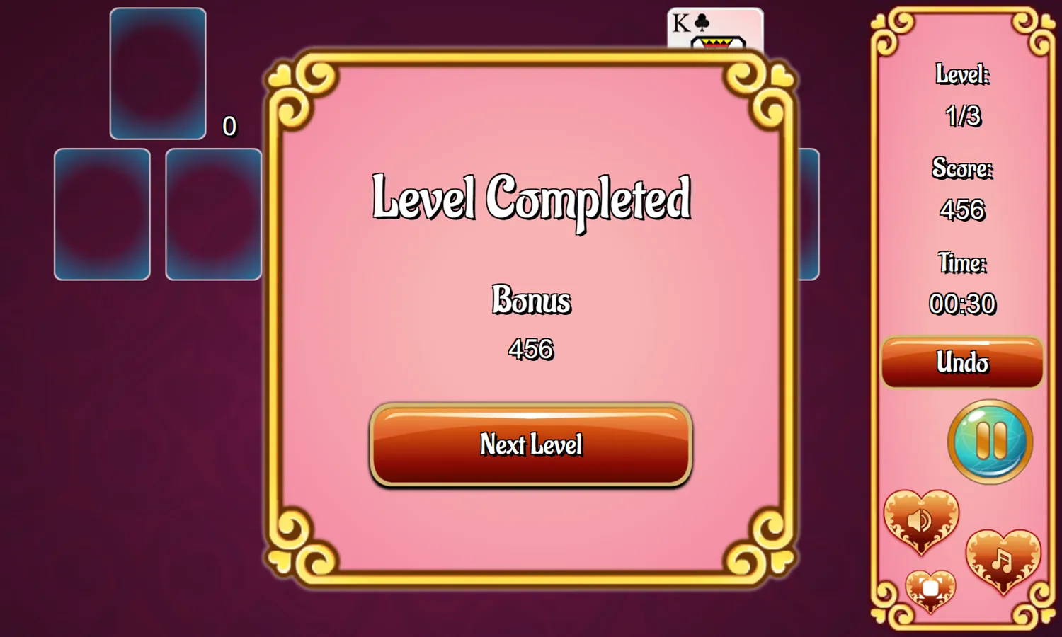 Ace of Hearts Game Level Completed Screenshot.