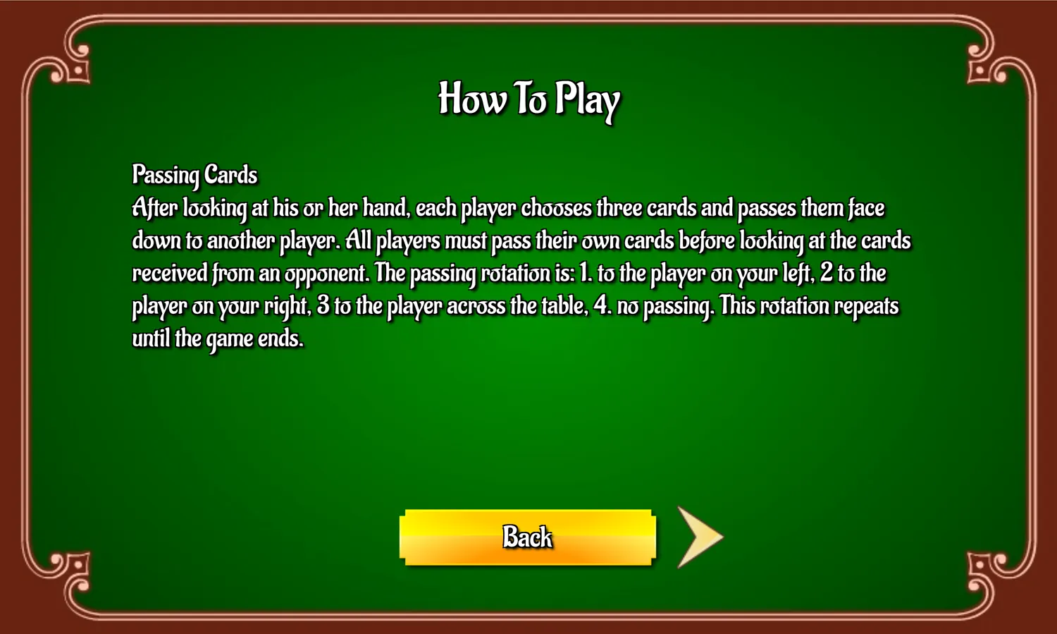 Hearts Card Game Passing Instructions Screen Screenshot.