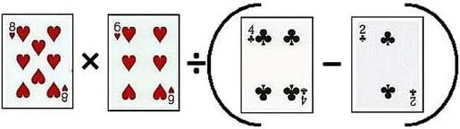 Playing cards laid out to create a math equation with multiplication, division, and parentheses
