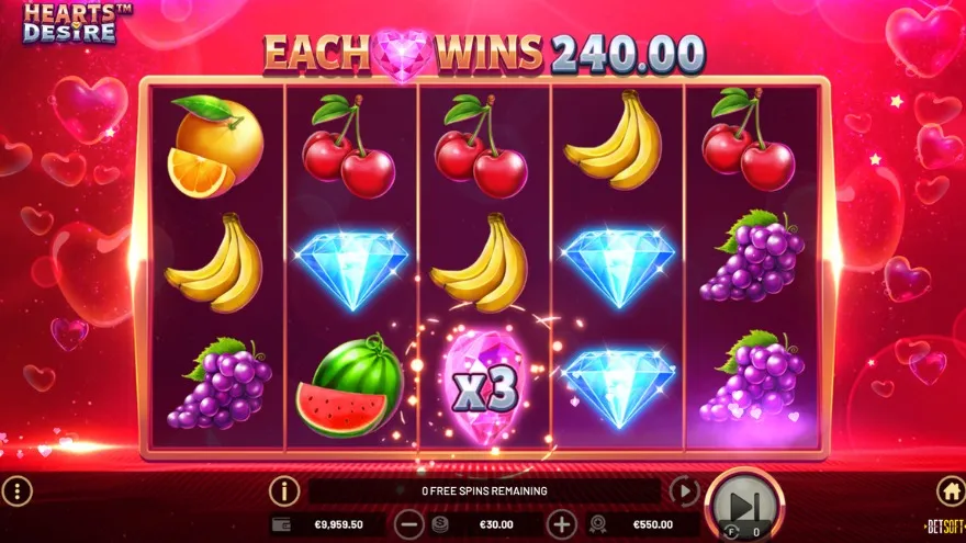 An image of the Free Spins view with a red background full of hearts